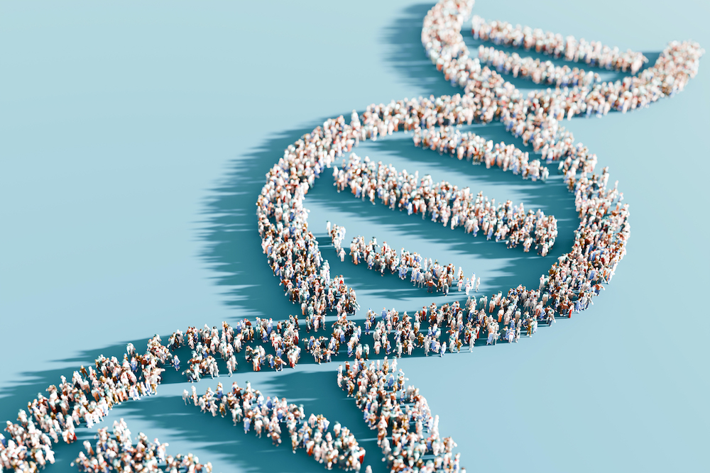 DNA double helix structure composed of human figures on a blue background with copy space. Public health and population genetics concept - stock photo 